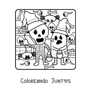 Imagen para colorear de niños disfrazados de fantasma y esqueleto en Halloween