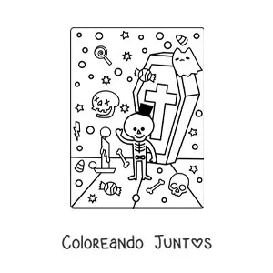 Imagen para colorear de tumba con esqueleto kawaii de Halloween