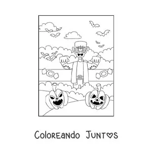 Imagen para colorear de frankenstein animado kawaii con murciélagos y calabaza de Halloween