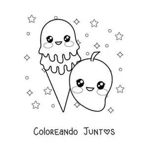 Imagen para colorear de un helado de mango kawaii con un mango al lado y estrellas de fondo