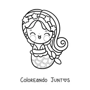 Imagen para colorear de sirena kawaii con corona de estrellas