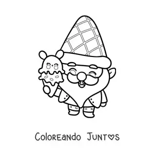 Imagen para colorear de gnomo kawaii con un cono de helado