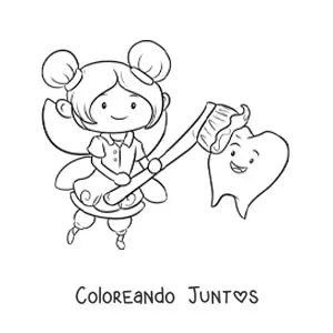 Imagen para colorear de hada de los dientes kawaii cepillando un diente