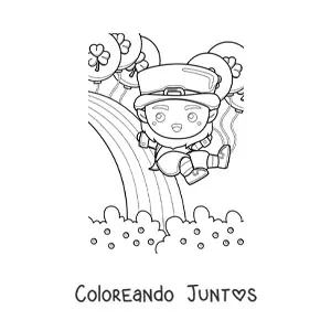 Imagen para colorear de duende de la suerte kawaii deslizándose en un arcoíris