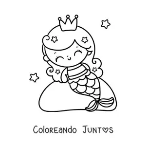 Imagen para colorear de princesa sirena kawaii sentada en una roca