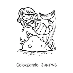 Imagen para colorear de sirena tierna animada nadando en el mar