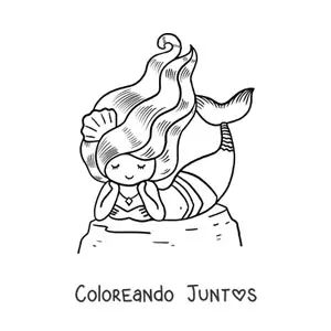 Imagen para colorear de hermosa sirena acostada en una roca