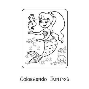Imagen para colorear de niña sirena con caballito de mar