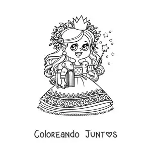 Imagen para colorear de princesa mágica kawaii con libro
