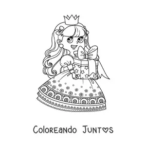 Imagen para colorear de princesa kawaii con regalo