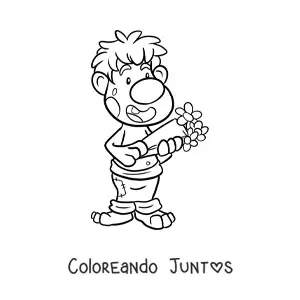 Imagen para colorear de troll animado enamorado con ramo de flores