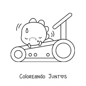 Imagen para colorear de dinosaurio kawaii cansado en la caminadora