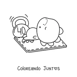 Imagen para colorear de dinosaurio kawaii con pesa en el gimnasio