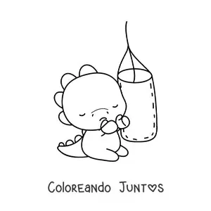 Imagen para colorear de dinosaurio kawaii golpeando un saco de boxeo
