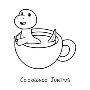 Imagen para colorear de dinosaurio kawaii en una taza