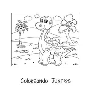 Imagen para colorear de dinosaurio animado de cuello largo en su hábitat