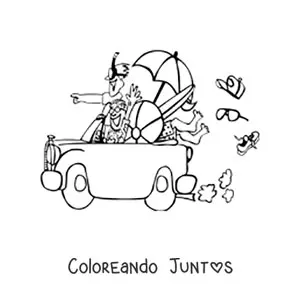 Imagen para colorear de jóvenes en un auto de camino a la playa