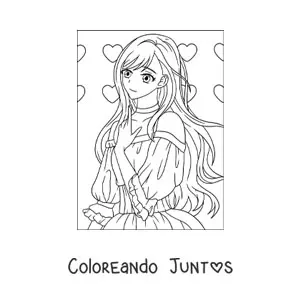 Imagen para colorear de chica anime kawaii con corazones