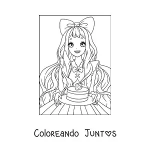 Imagen para colorear de hermosa muñeca anime kawaii con pastel de fresa