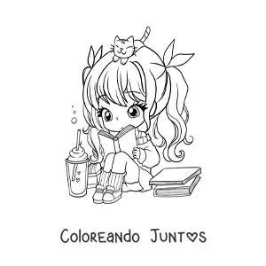 Imagen para colorear de chica kawaii chibi sentada leyendo un libro con un gato