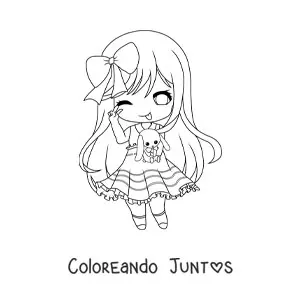Imagen para colorear de chica kawaii chibi grande con peluche de conejo
