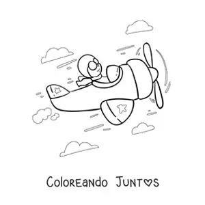Imagen para colorear de un piloto de avión volando con nubes de fondo