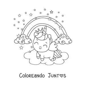 Imagen para colorear de unicornio kawaii animado con arcoíris