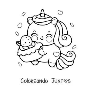 Imagen para colorear de unicornio kawaii animado con pastel de fresa
