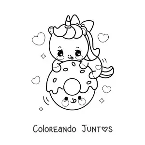 Imagen para colorear de unicornio kawaii con dona animada