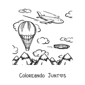 Imagen para colorear de un avión volando con un globo aerostático y montañas en el fondo