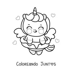 Imagen para colorear de unicornio kawaii animado con una dona