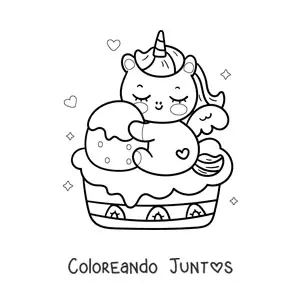 Imagen para colorear de unicornio kawaii animado sentado en un pastel de fresa