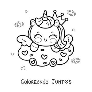 Imagen para colorear de unicornio kawaii animado con una galleta