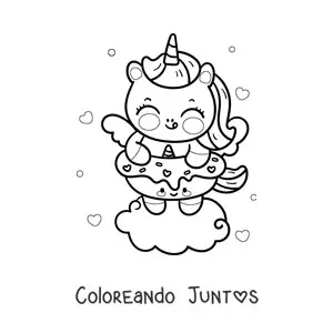 Imagen para colorear de unicornio kawaii con dona de unicornio