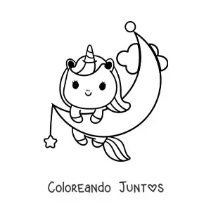 Imagen para colorear de unicornio kawaii animado en la luna