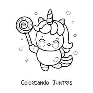 Imagen para colorear de unicornio kawaii animado con una chupeta