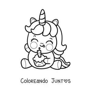 Imagen para colorear de unicornio tierno animado con un cupcake de cumpleaños