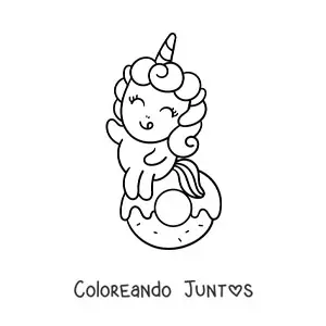 Imagen para colorear de unicornio tierno animado en una dona grande