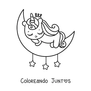 Imagen para colorear de unicornio kawaii bebé durmiendo en la luna