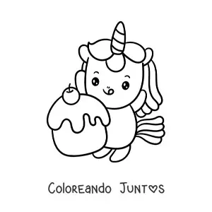 Imagen para colorear de unicornio kawaii fácil con un cupcake grande