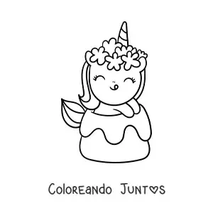 Imagen para colorear de unicornio kawaii fácil con un dulce gigante