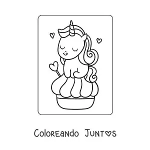Imagen para colorear de unicornio kawaii con un dulce gigante