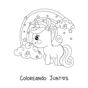 Imagen para colorear de unicornio kawaii con ojos grandes junto a un arcoíris