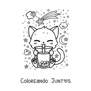 Imagen para colorear de gato kawaii bebiendo té boba