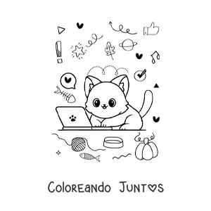 Imagen para colorear de gato kawaii en una laptop