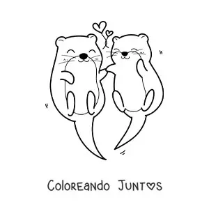 Imagen para colorear de pareja de nutrias kawaii con corazones