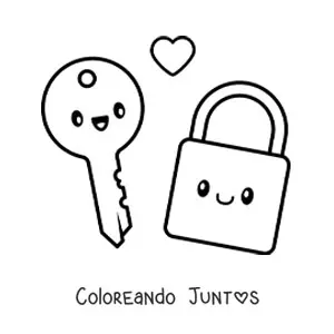 Imagen para colorear de pareja de llave y candado kawaii