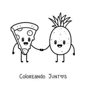 Imagen para colorear de pareja de pizza y piña kawaii