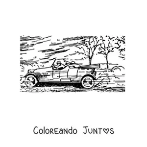 Imagen para colorear de un auto a toda velocidad con árboles de fondo
