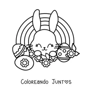 Imagen para colorear de conejito kawaii con huevos de Pascua y un arcoíris
